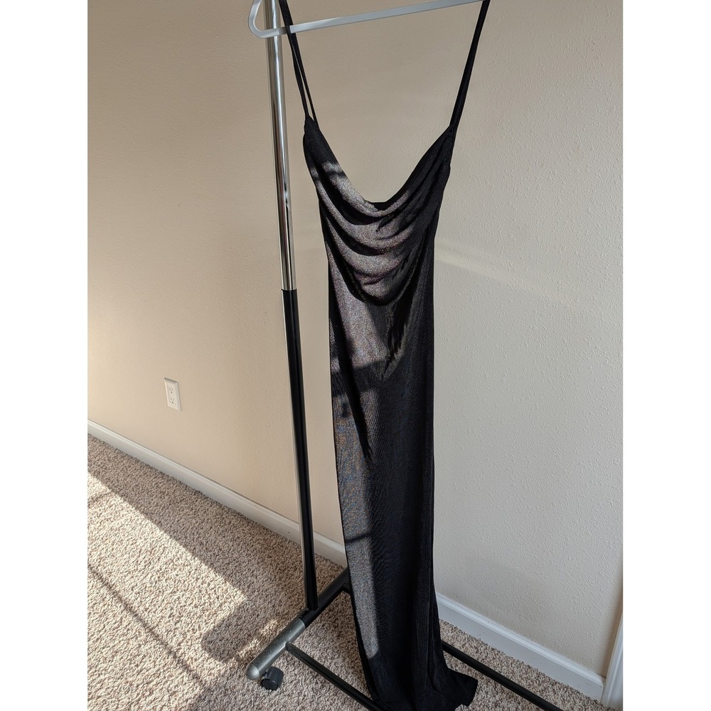 Edikted Black Metallic Cowl Neck Open Back Maxi Dress Large NWT